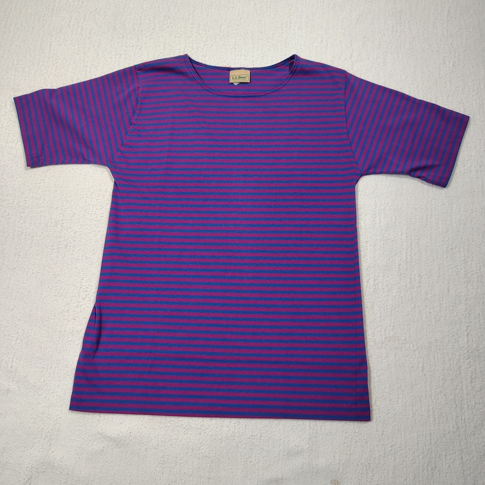Vintage LL Bean Shirt Womens Medium Blue Purple Striped Crew Neck Made in USA